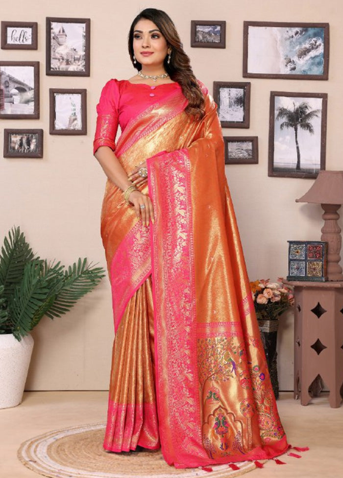 Orange Banarasi Silk Saree With Blouse Piece Fast Delivery Online