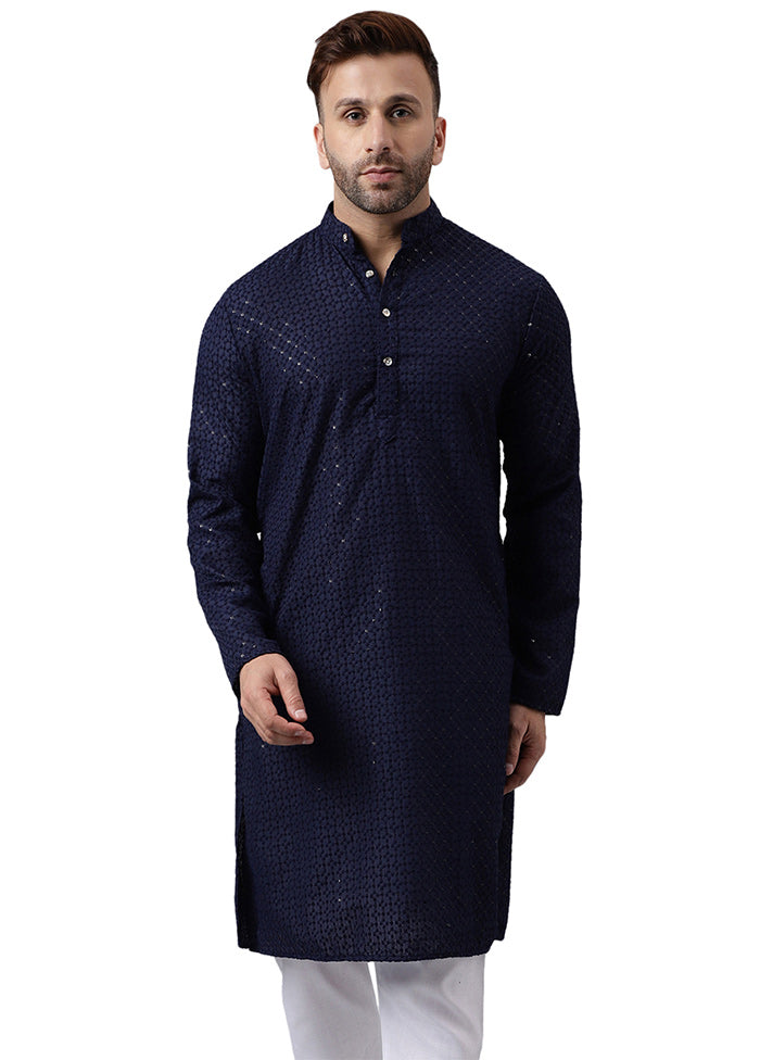 Navy Blue Silk Embroidered Kurta Affordable Cheap Online