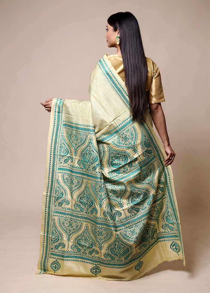 Green Handloom Kantha Stitch Pure Silk Saree With Blouse Piece Free Shipping Cheap Pice