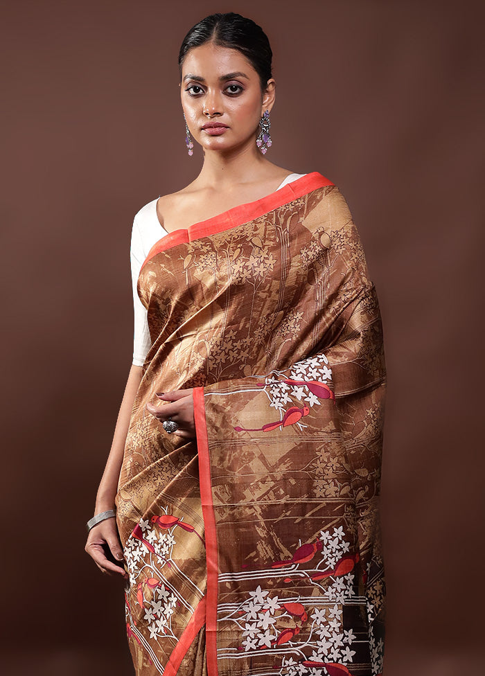 Brown Printed Pure Silk Saree Without Blouse Piece High Quality Buy Online