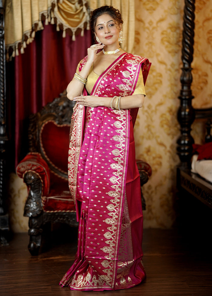 Pink Handloom Banarasi Pure Silk Saree With Blouse Piece Shop For Sale