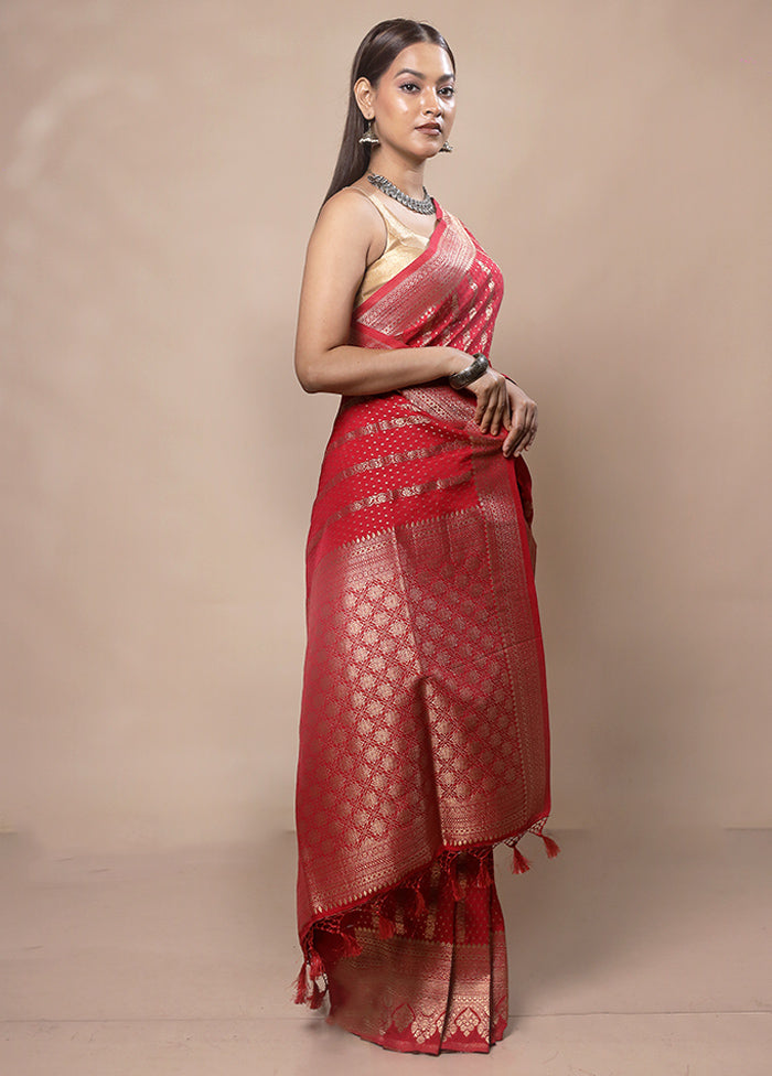 Red Dupion Silk Saree With Blouse Piece Clearance Pick A Best