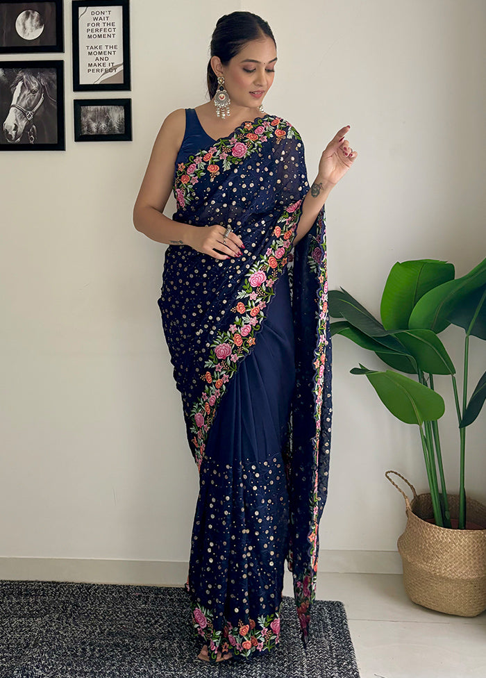 Navy Blue Georgette Saree With Blouse Piece Cheap Wide Range Of