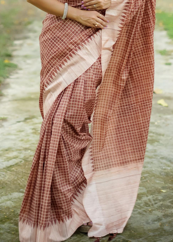 Brown Tussar Silk Saree With Blouse Piece Cheap Sale Manchester