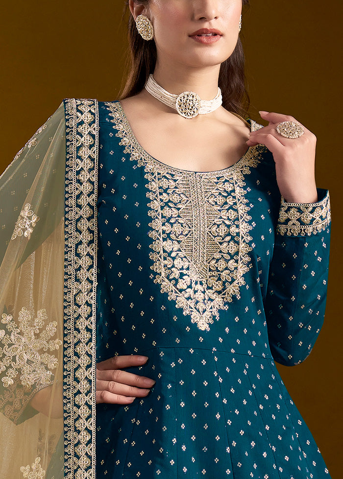 3 Pc Teal Semi Stitched Chanderi Suit Set New Online