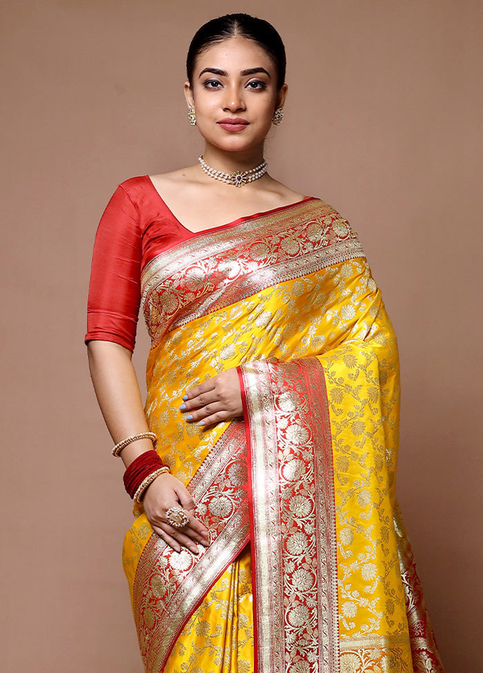 Yellow Handloom Banarasi Pure Silk Saree With Blouse Piece Sale New Styles