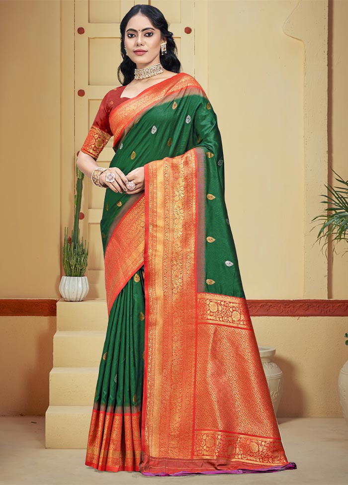 Dark Green Dupion Silk Saree With Blouse Piece Cheap Sale Footaction