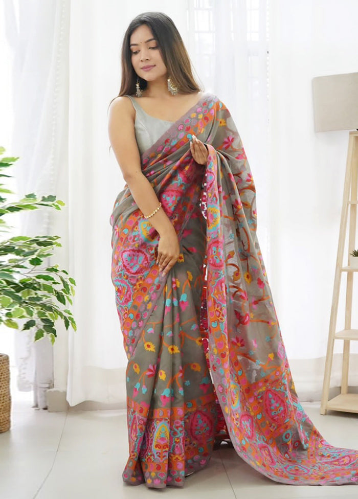 Grey Banarasi Silk Saree With Blouse Piece Cheap Excellent