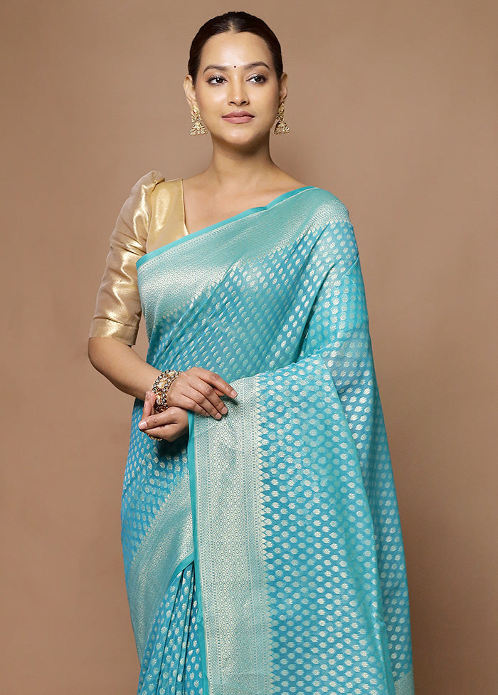 Blue Kora Silk Saree With Blouse Piece Quality Free Shipping