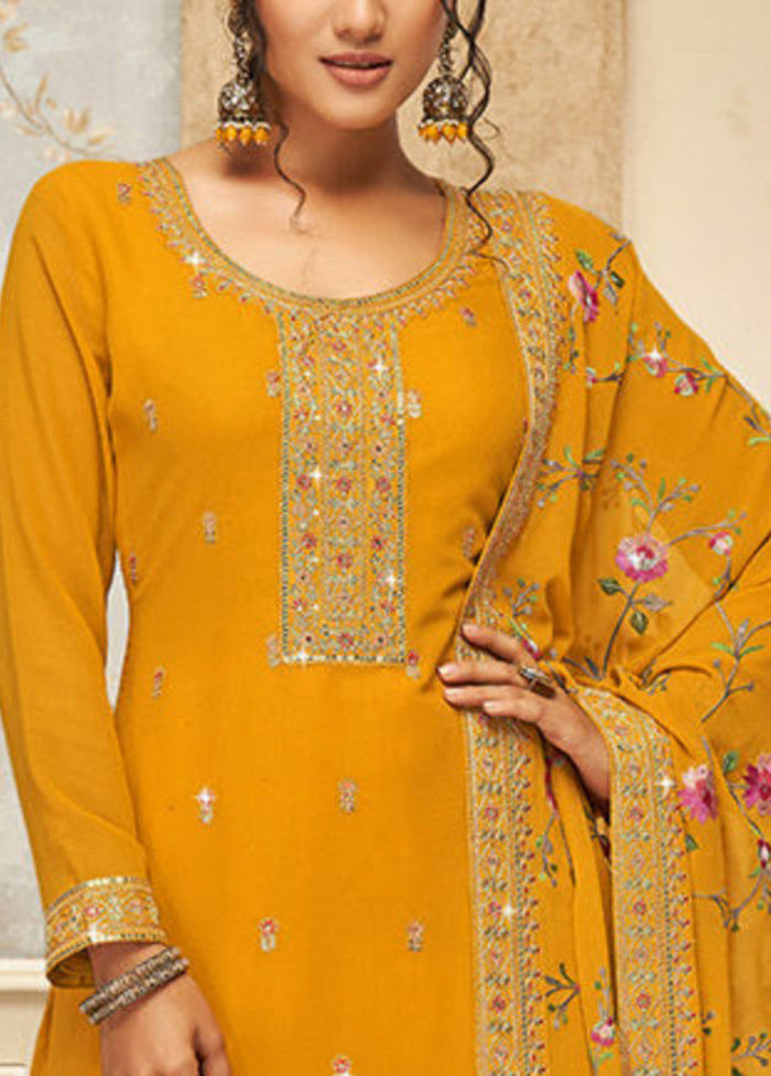 3 Pc Mustard Semi Stitched Georgette Suit Set Outlet Finishline