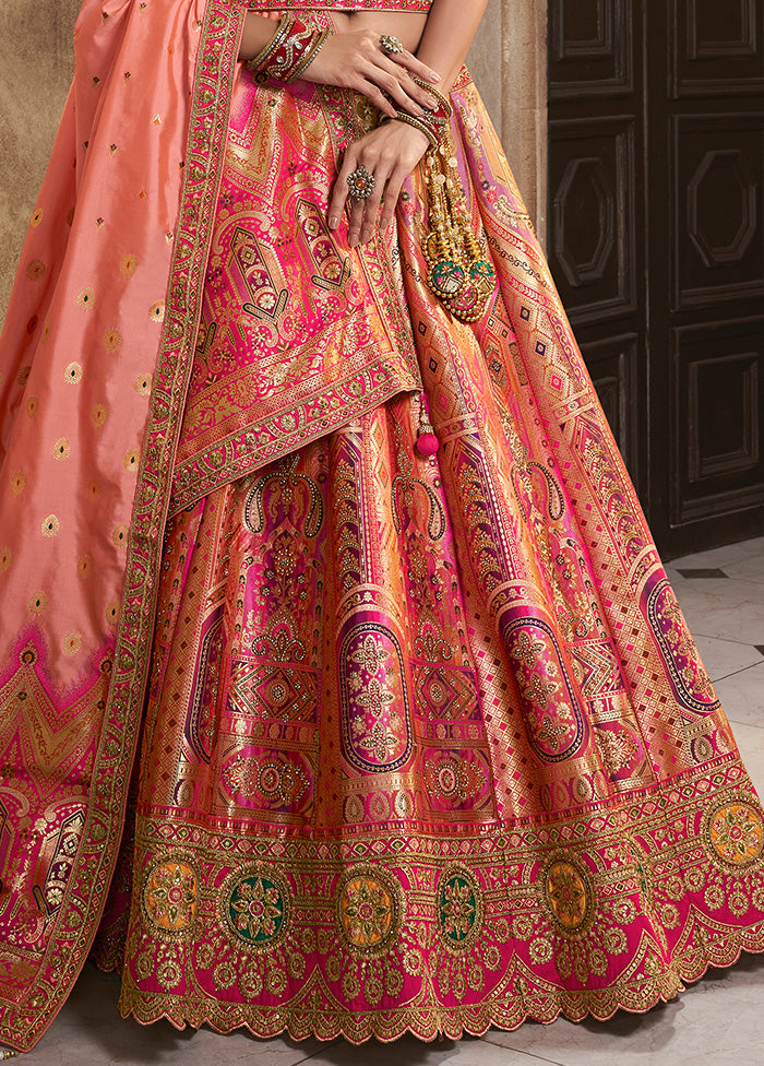 3 Pc Peach Silk Semi Stitched Lehenga Set Buy Cheap Hot Sale