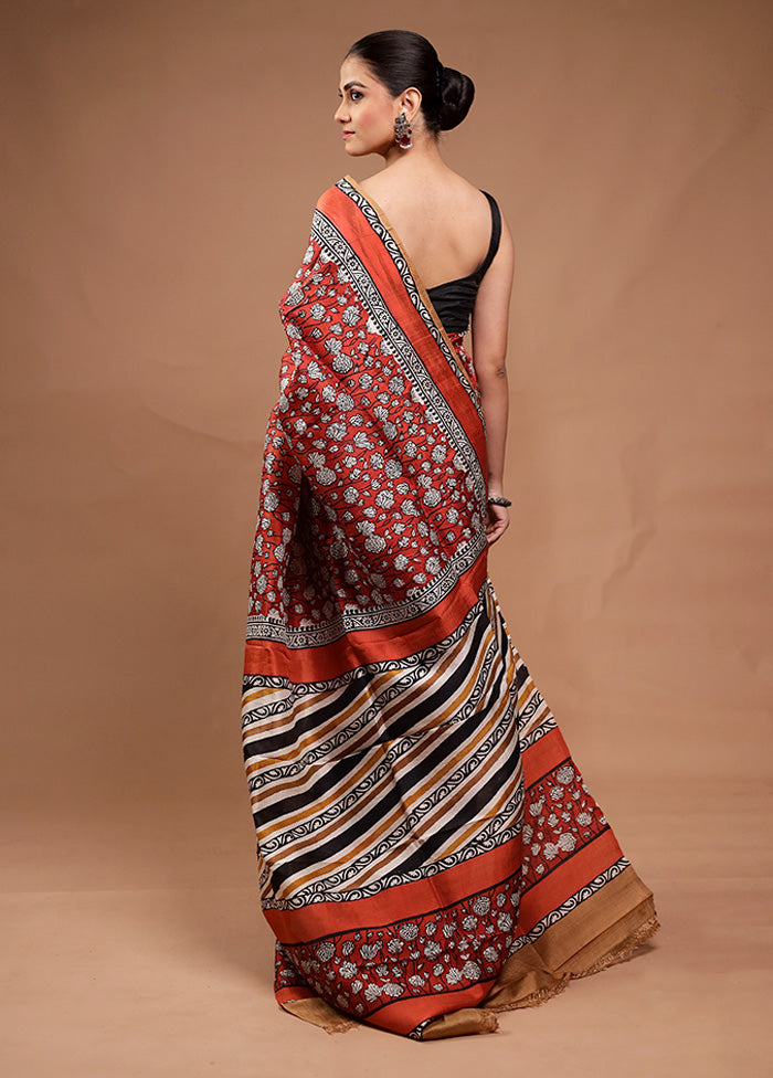 Red Printed Pure Silk Saree Without Blouse Piece Official For Sale