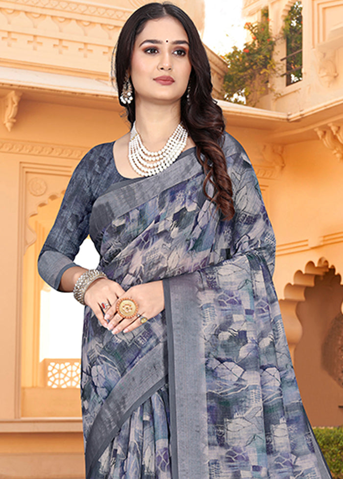 Grey Linen Silk Saree With Blouse Piece 100% Authentic For Sale