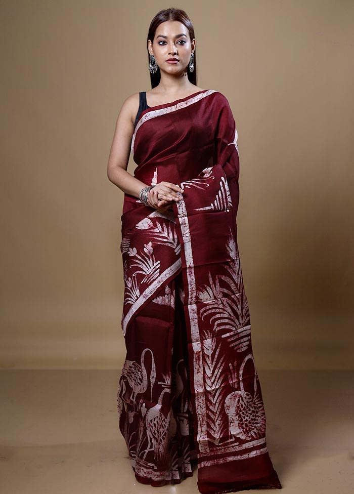 Maroon Printed Pure Silk Saree Without Blouse Piece Big Sale Cheap Online