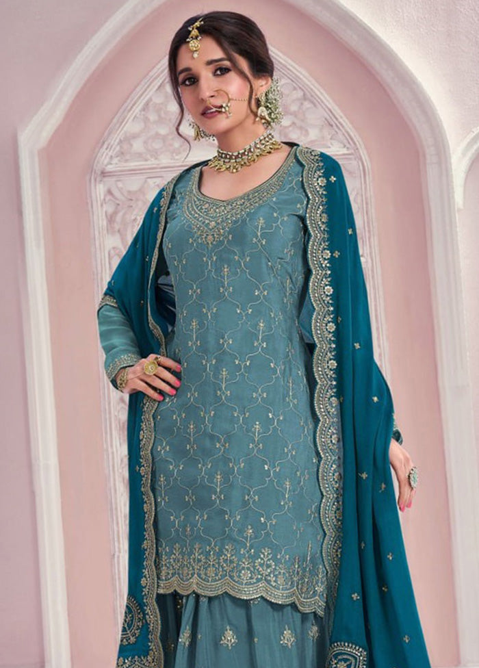 3 Pc Blue Semi Stitched Silk Dupatta Suit Set Pick A Best