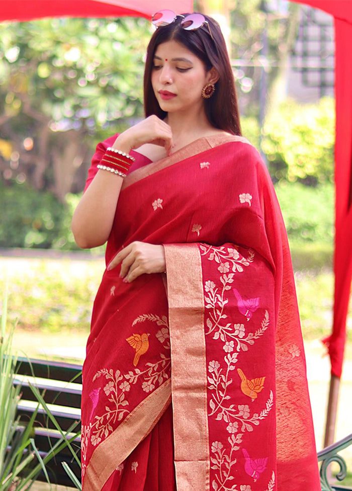 Red Linen Silk Saree With Blouse Piece Cheap Sale Shop For