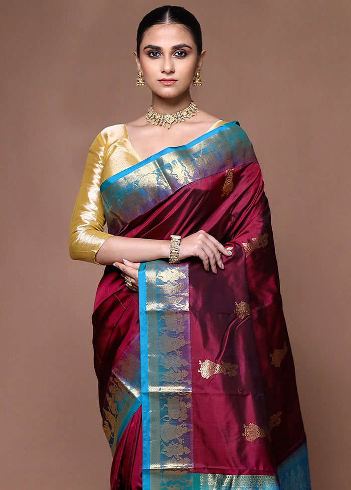 Maroon Handloom Kanjivaram Pure Silk Saree With Blouse Piece Clearance Clearance