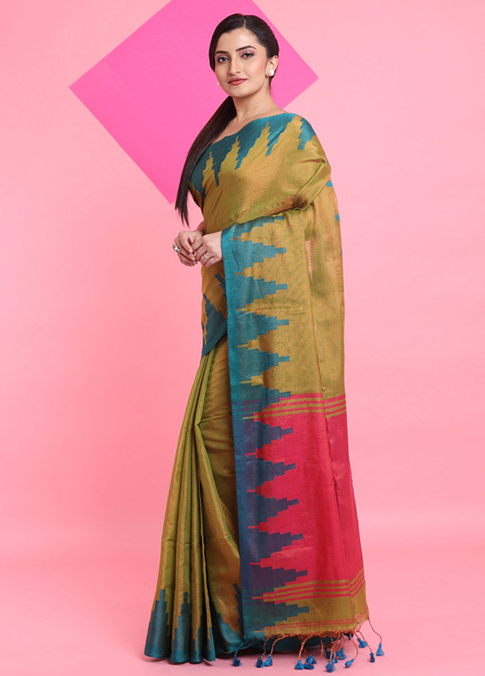 Olive Green Spun Silk Saree With Blouse Piece Discount Pay With Visa