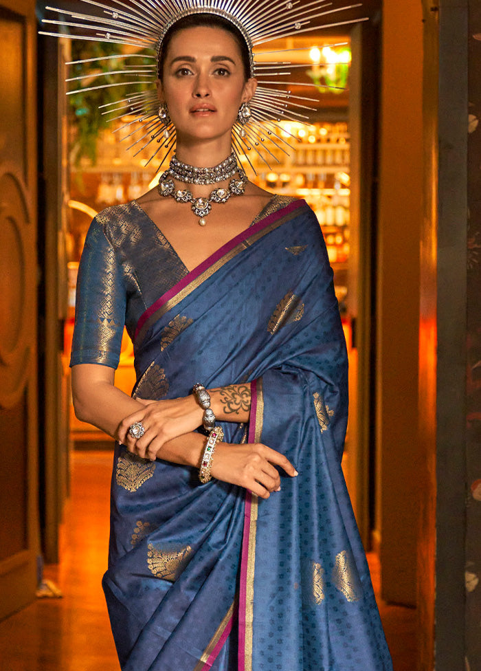 Blue Spun Silk Saree With Blouse Piece Tumblr