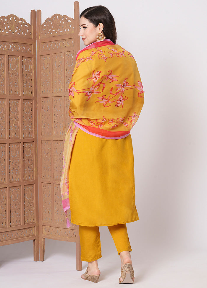 3 Pc Mustard Readymade Viscose Dupatta Suit Set For Sale For Sale