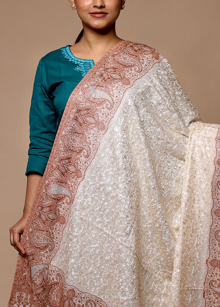 White Butta Work With Zari Woven Border Shawl Store Sale