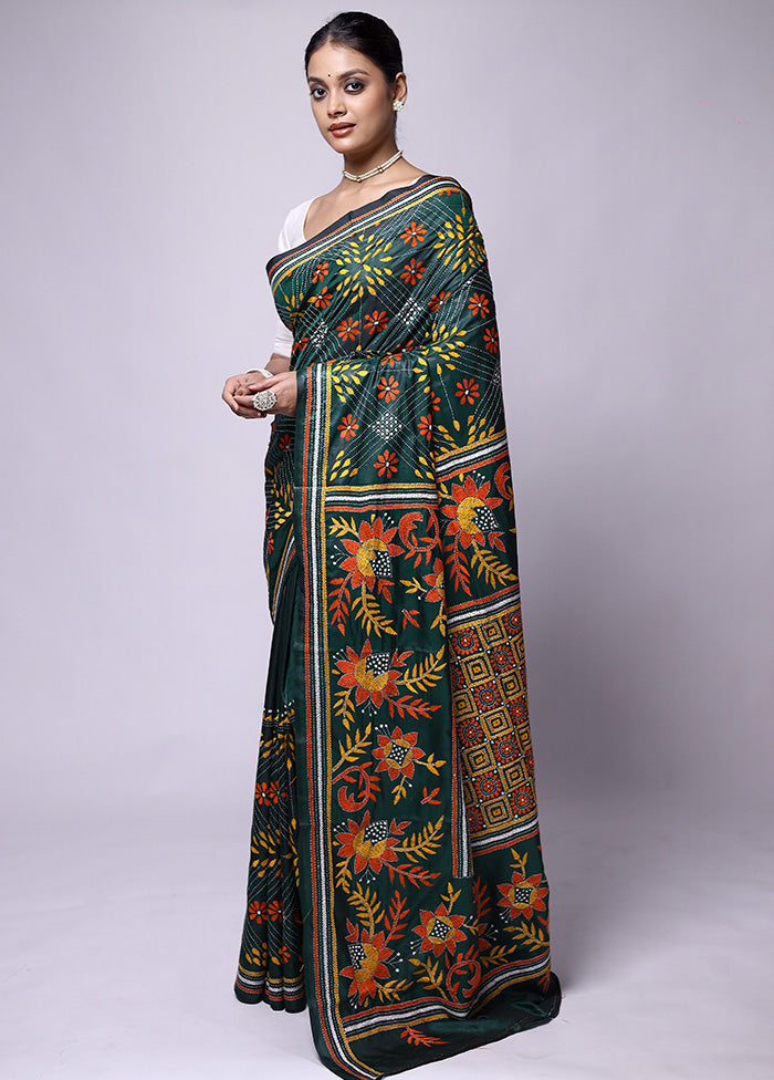 Green Kantha Stitch Silk Saree With Blouse Piece Sale Extremely