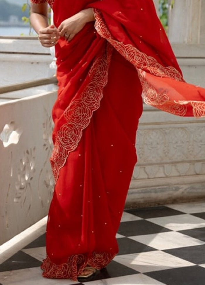 Red Organza Saree With Blouse Piece Finishline