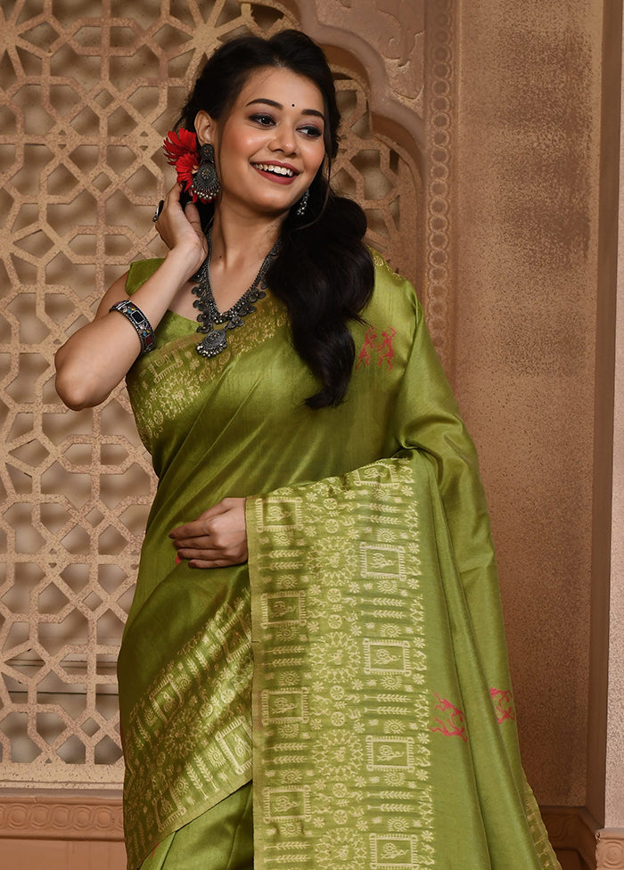 Green Spun Silk Saree With Blouse Piece Pay With Visa For Sale