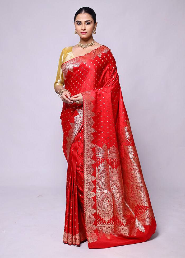 Red Banarasi Silk Saree With Blouse Piece Cheap Visa Payment