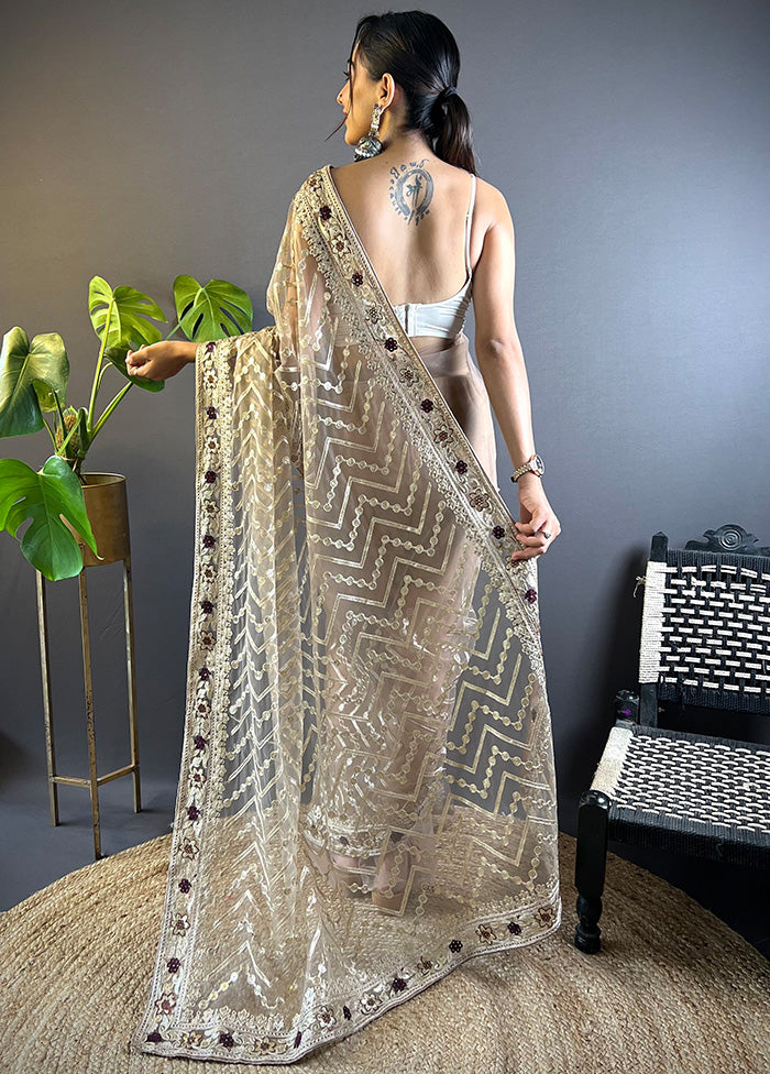 Beige Net Net Saree With Blouse Piece Looking For