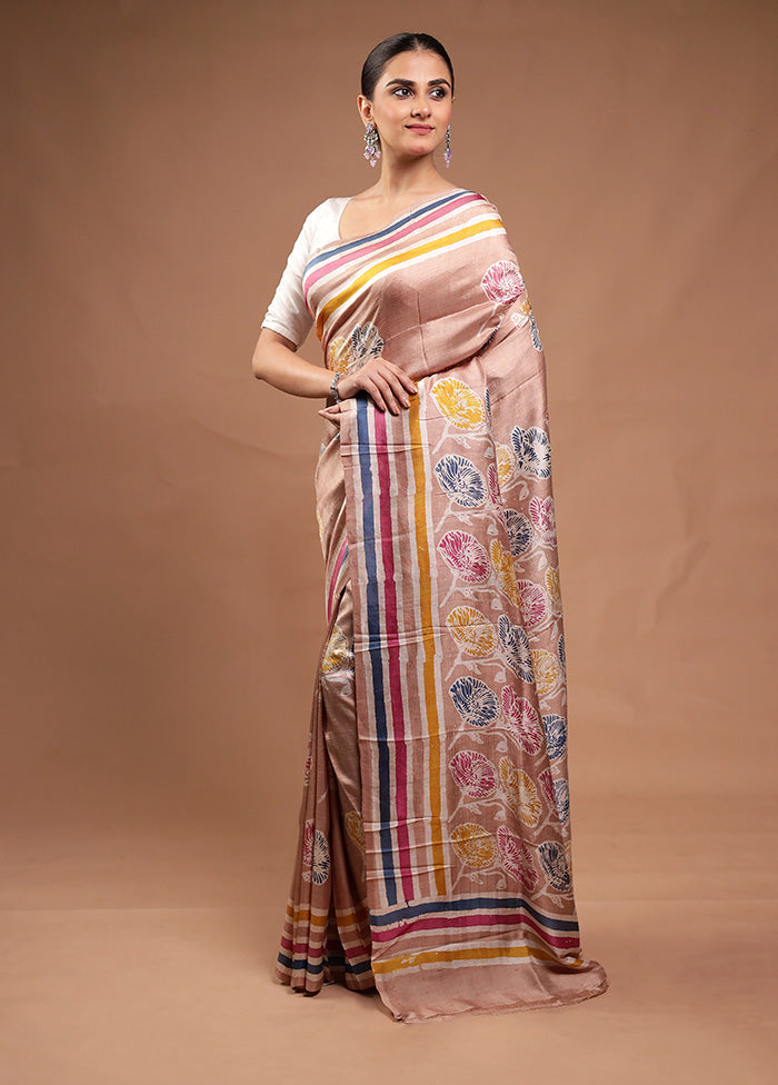 Cream Printed Pure Silk Saree Without Blouse Piece Great Deals Cheap Pice