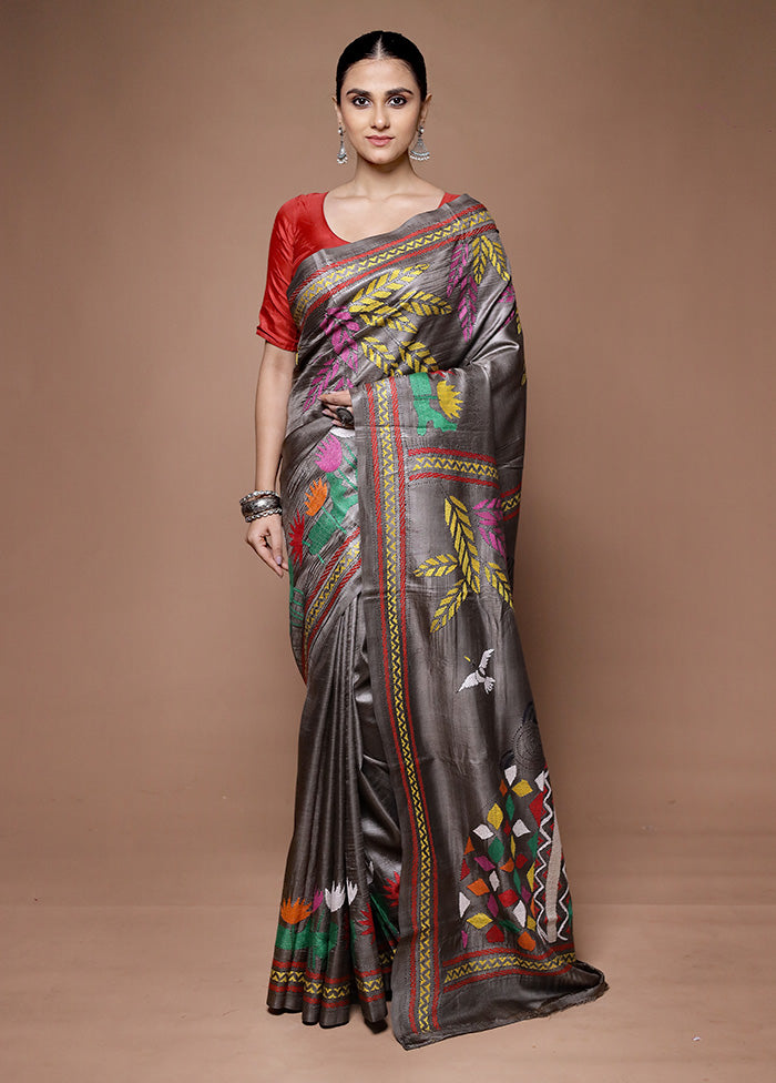 Grey Handloom Kantha Stitch Pure Silk Saree With Blouse Piece Sale For Cheap