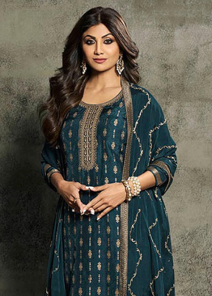 3 Pc Teal Green Semi Stitched Viscose Suit Set Collections Cheap Online