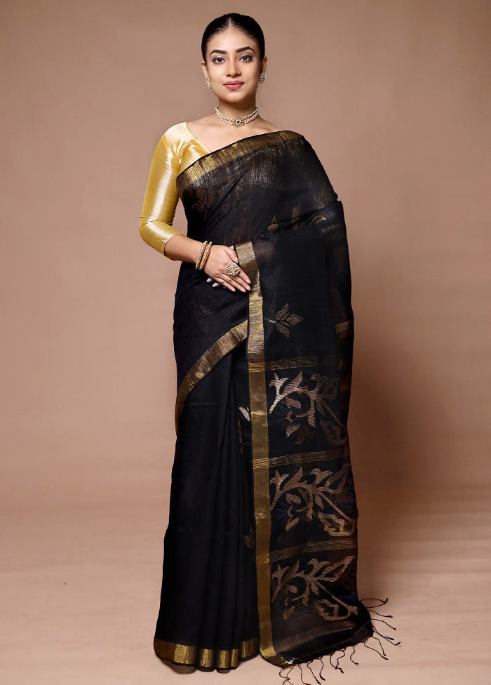 Black Handloom Matka Pure Silk Saree With Blouse Piece With Mastercard For Sale