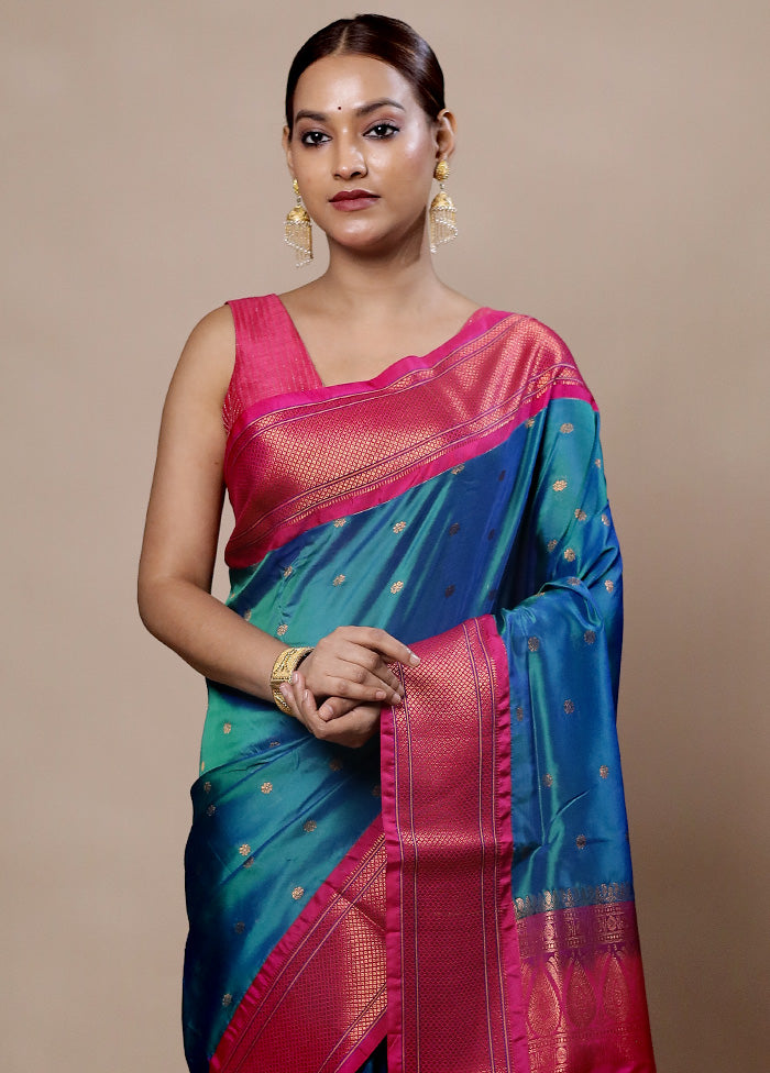 Blue Kanjivaram Silk Saree With Blouse Piece Free Shipping Top Quality