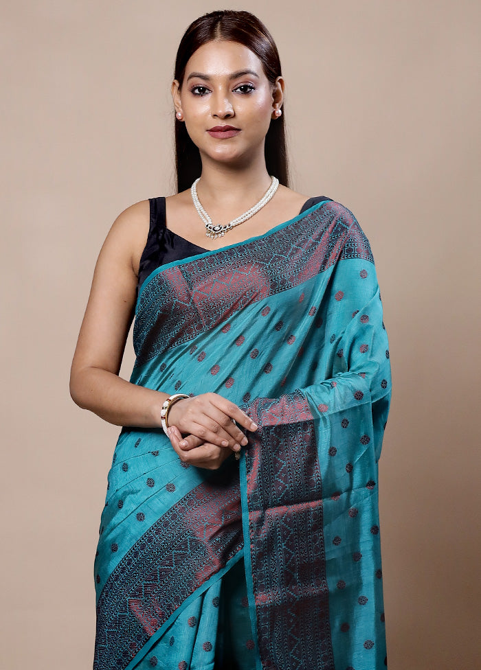 Blue Dupion Silk Saree With Blouse Piece Free Shipping Big Sale