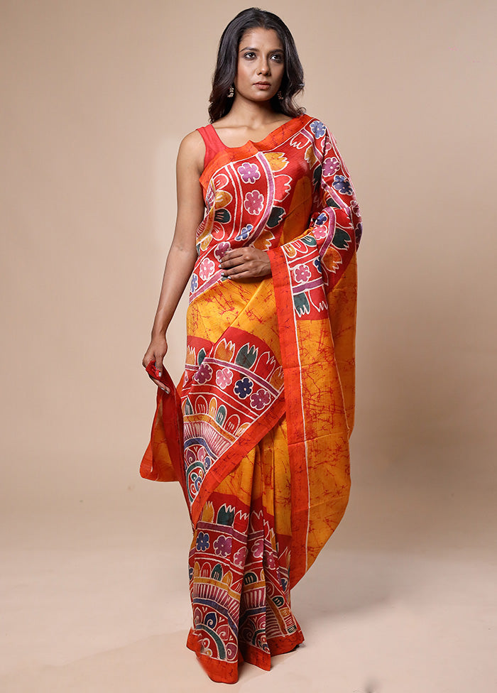 Yellow Printed Pure Silk Saree Without Blouse Piece Best Place For Sale