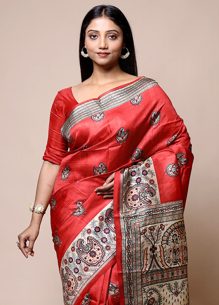 Red Printed Pure Silk Saree Without Blouse Piece Online Shop From China