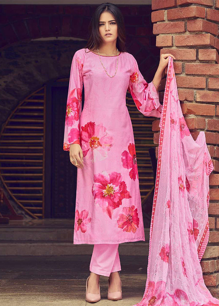 3 Pc Pink Semi Stitched Silk Dupatta Suit Set Sale Footlocker Finishline