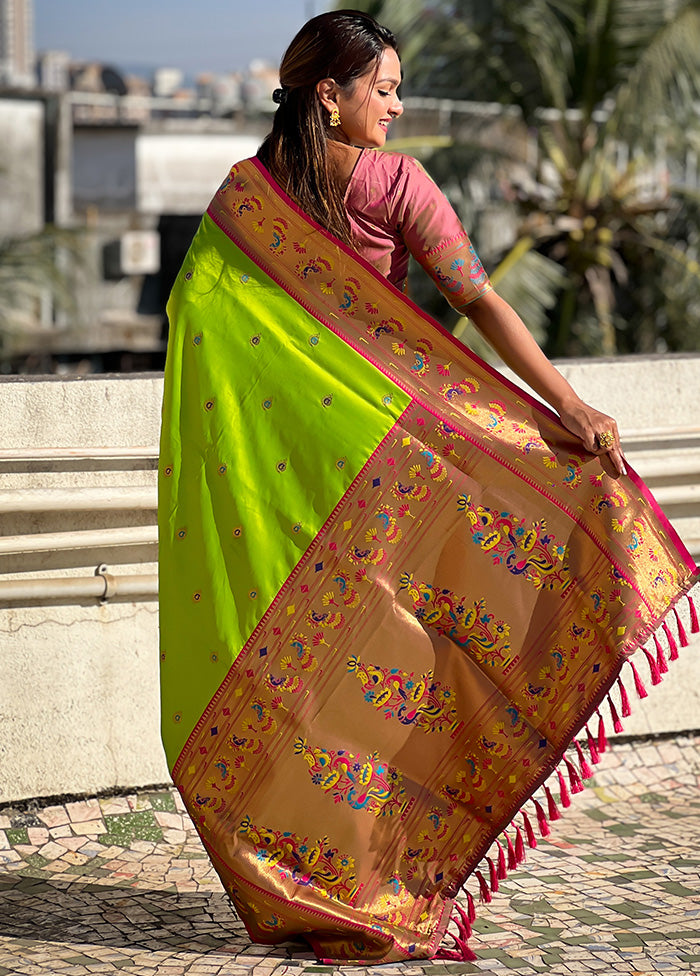 Parrot Green Spun Silk Saree With Blouse Piece Sale Cheap Online