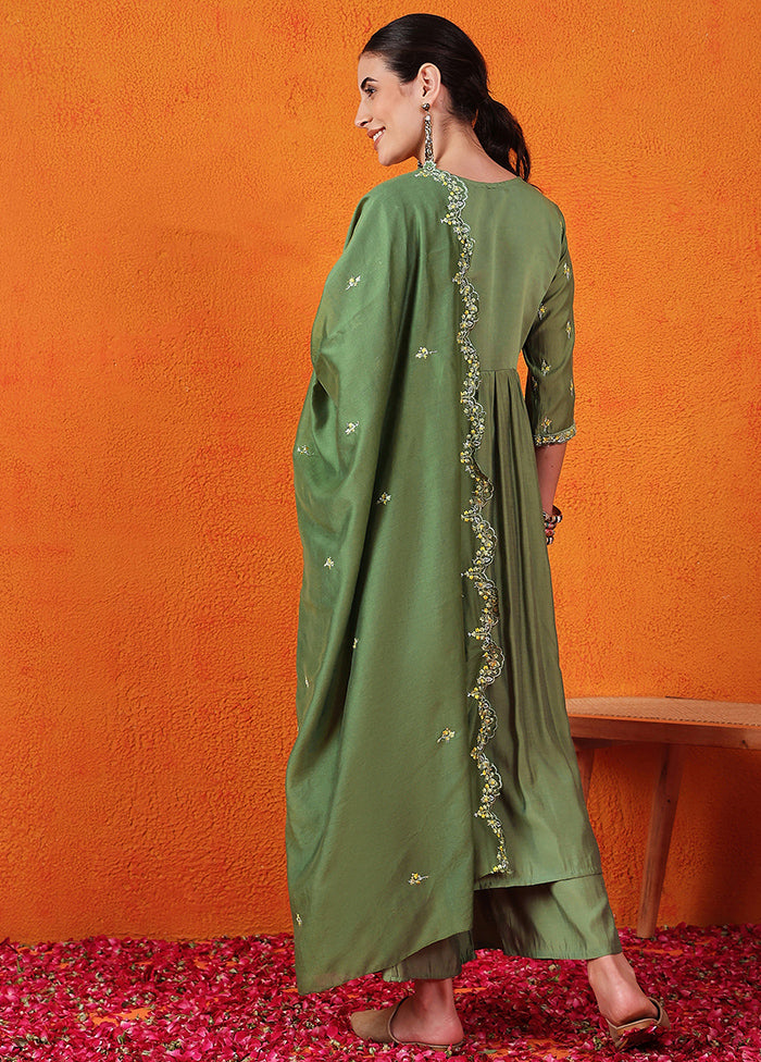 3 Pc Green Readymade Silk Suit Set Quality Free Shipping Low Pice