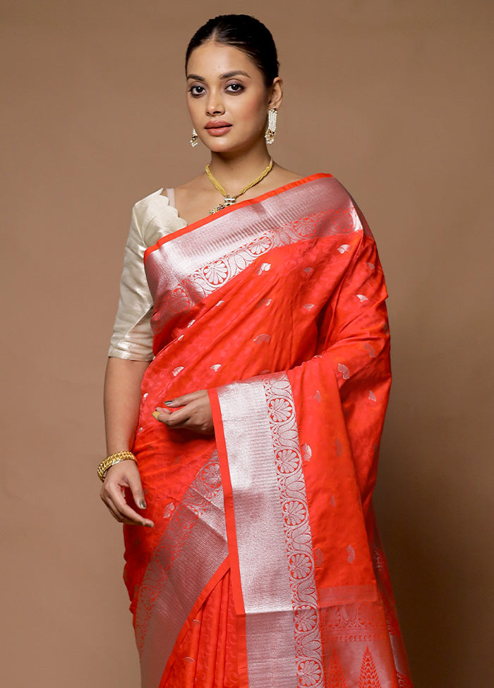 Orange Kanjivaram Silk Saree With Blouse Piece Discounts Sale Online