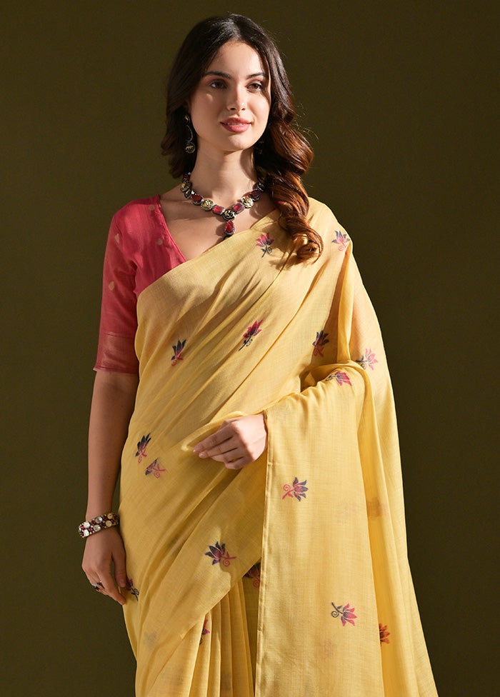 Yellow Pure Cotton Saree With Blouse Piece Outlet Discount Sale