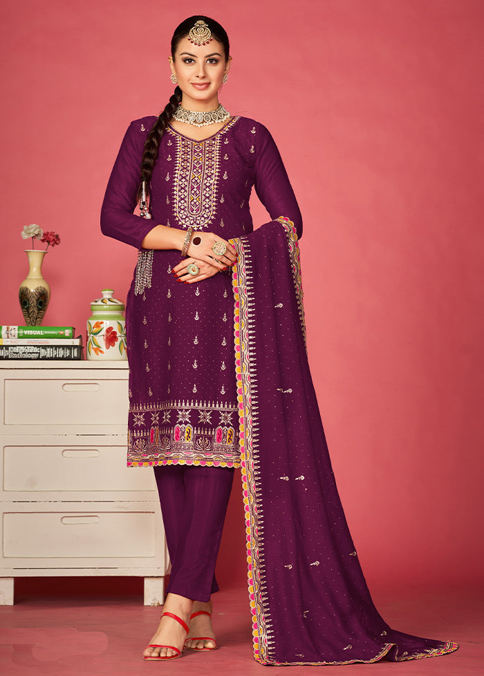 3 Pc Magenta Semi Stitched Silk Suit Set For Sale Official Site