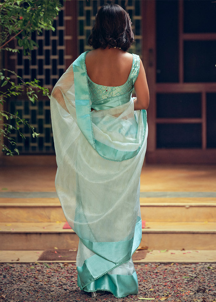 Sky Blue Organza Saree With Blouse Piece Cheap Sale Cheapest