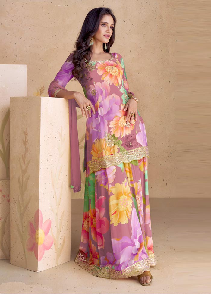 3 Pc Multicolor Semi Stitched Silk Suit Set Cheap Best