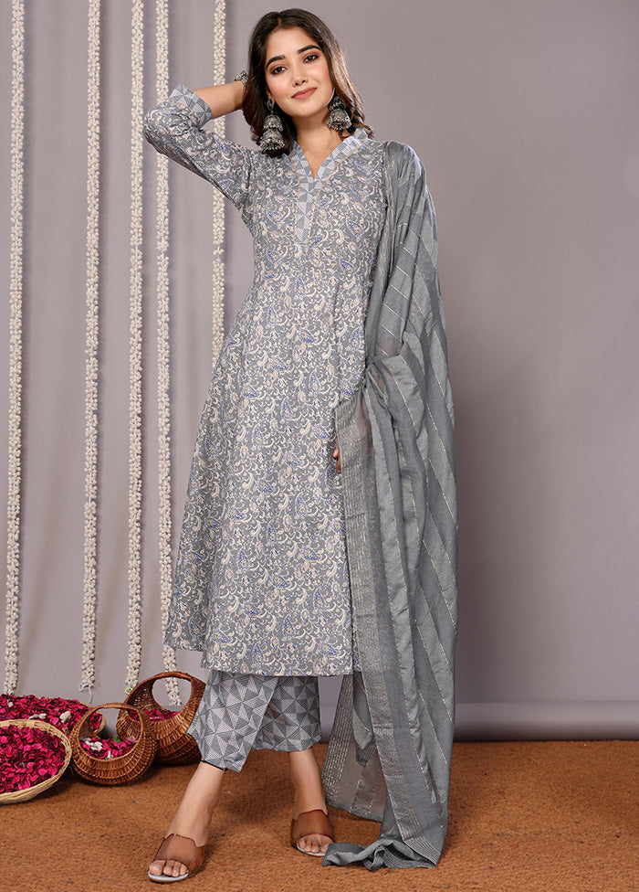 3 Pc Grey Readymade Cotton Suit Set Fast Delivery For Sale