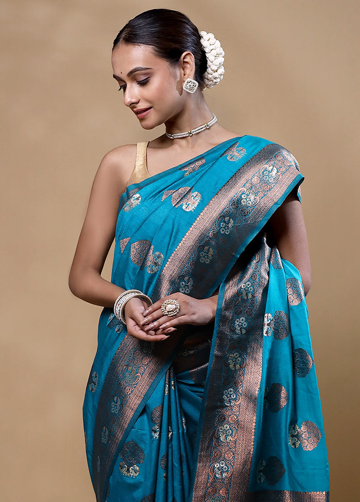 Blue Dupion Silk Saree With Blouse Piece Clearance With Credit Card