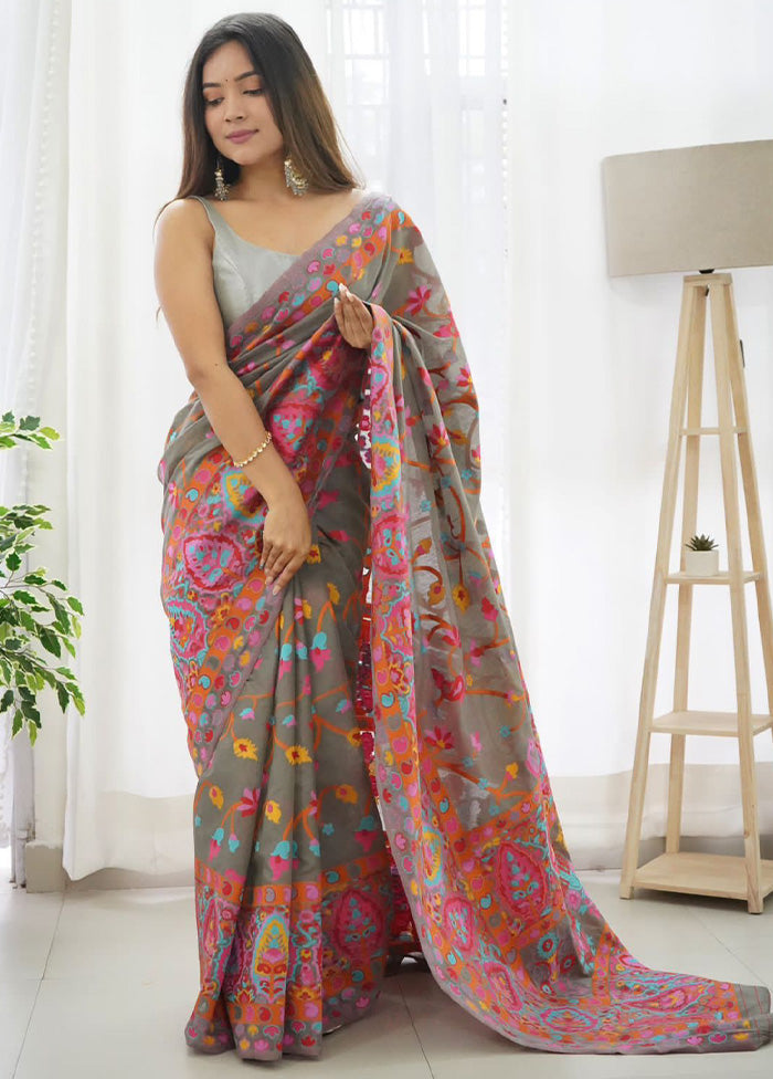 Grey Banarasi Silk Saree With Blouse Piece Cheapest Pice Online