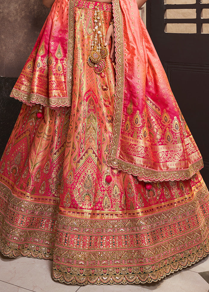 3 Pc Peach Silk Semi Stitched Lehenga Set Pick A Best Sale Online